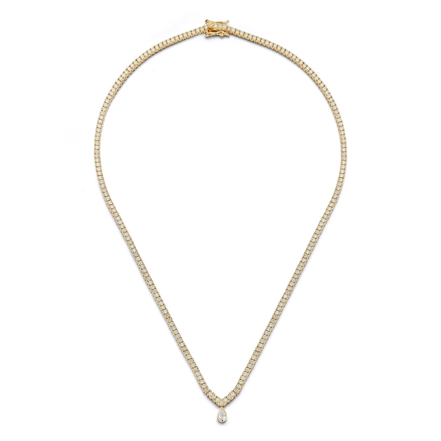 14kt V Diamond Tennis Necklace with Diamond Pear Drop