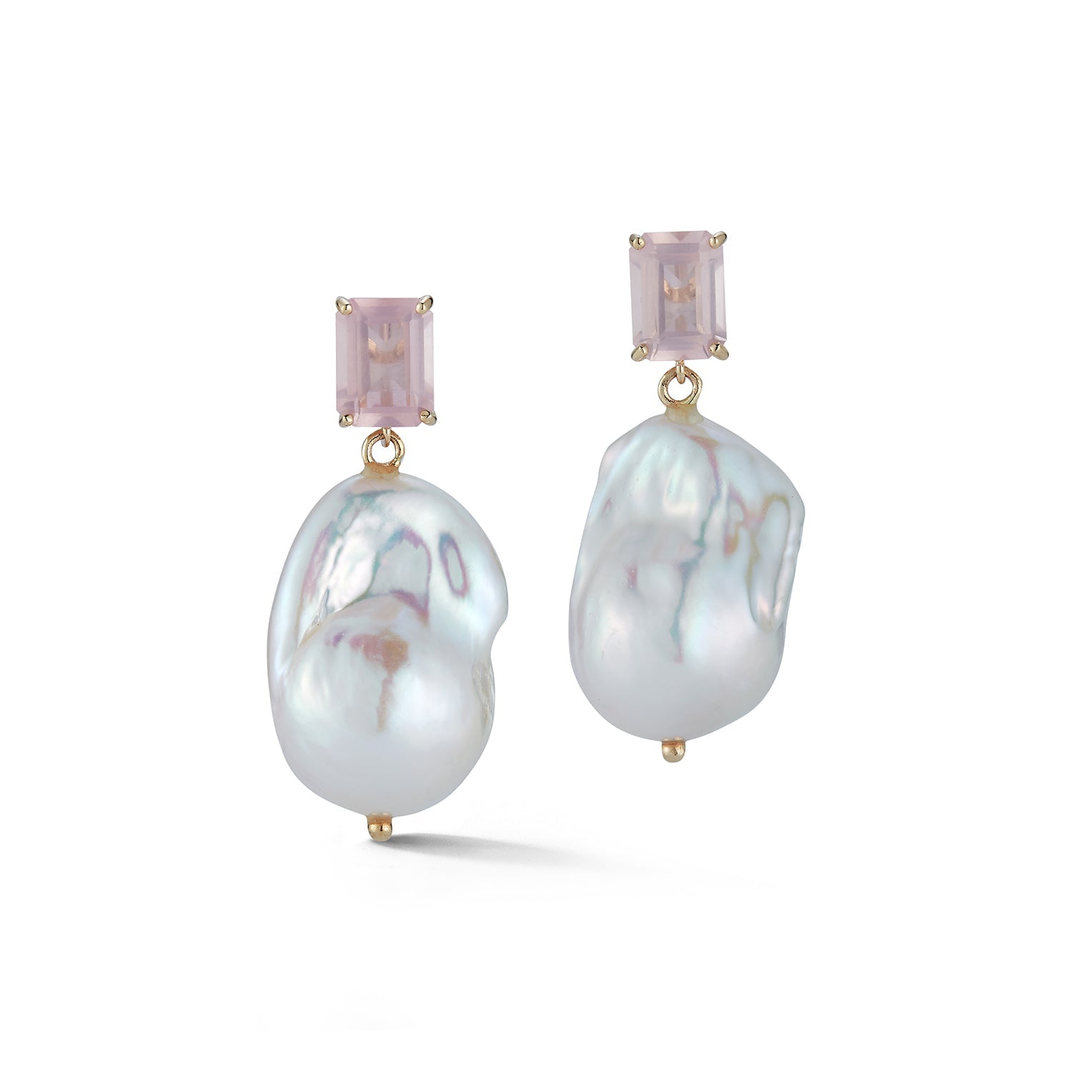 14kt Rose Quartz and Baroque Pearl Drop Earrings