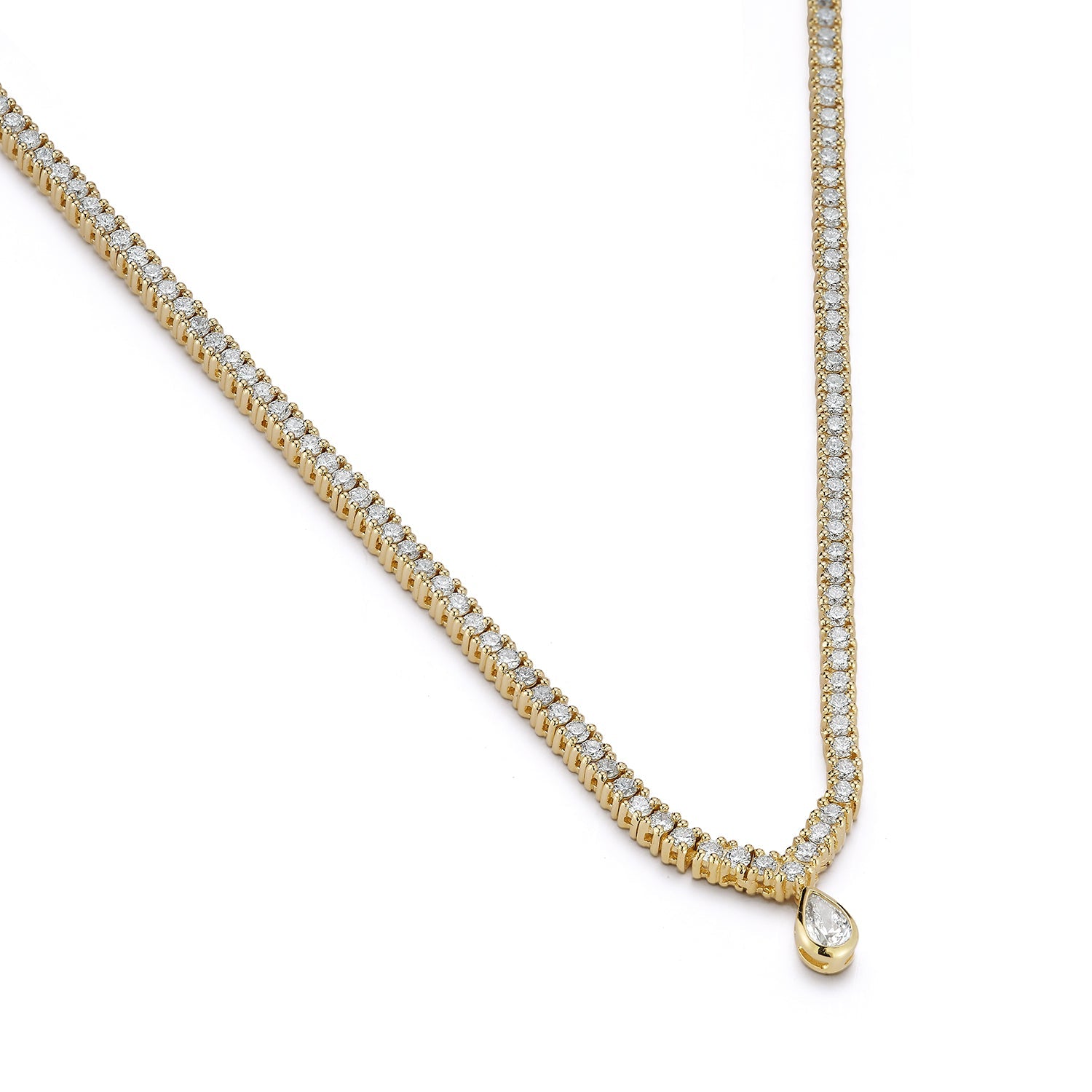 14kt V Diamond Tennis Necklace with Diamond Pear Drop