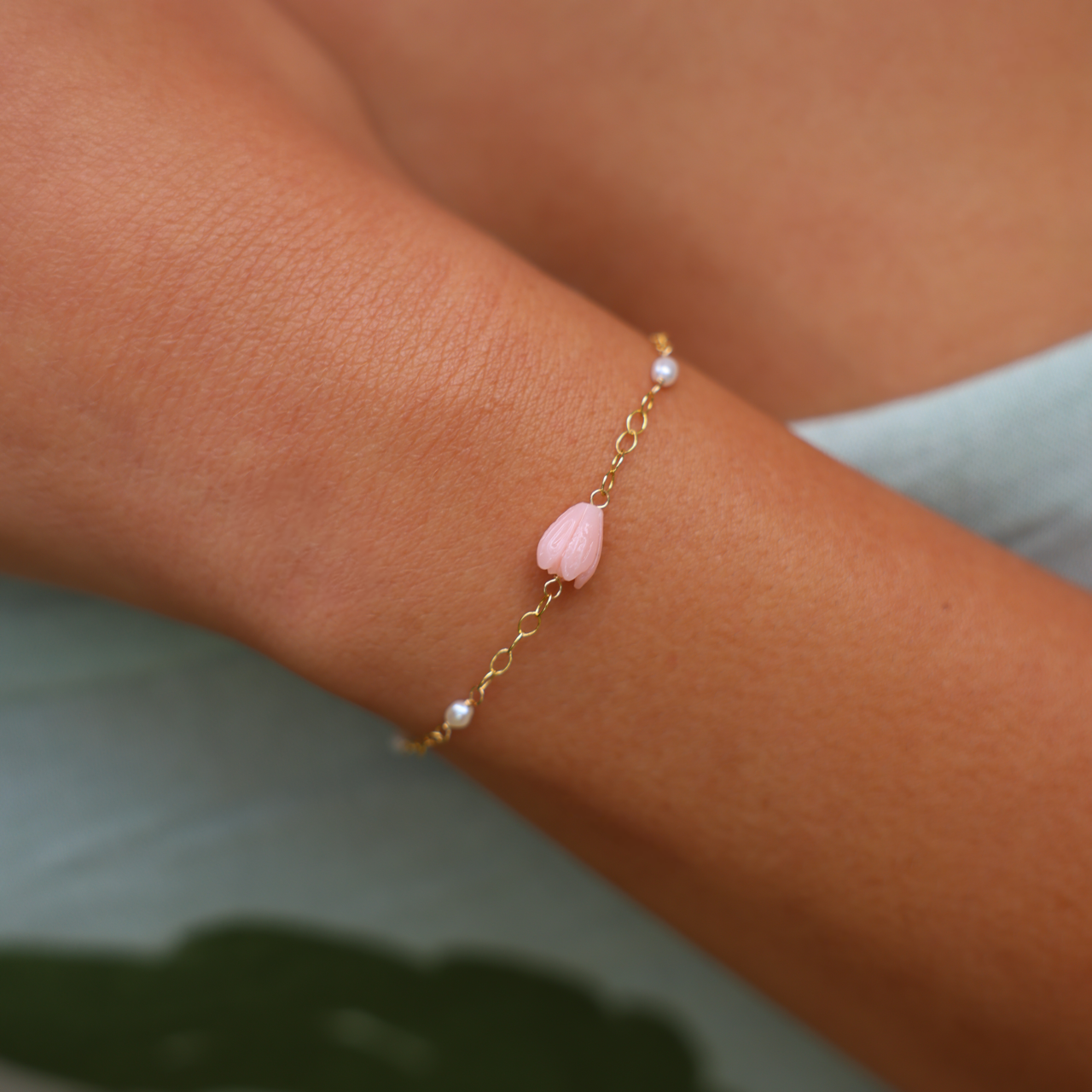 Pink Pikake White Keshi Pearl Bracelet