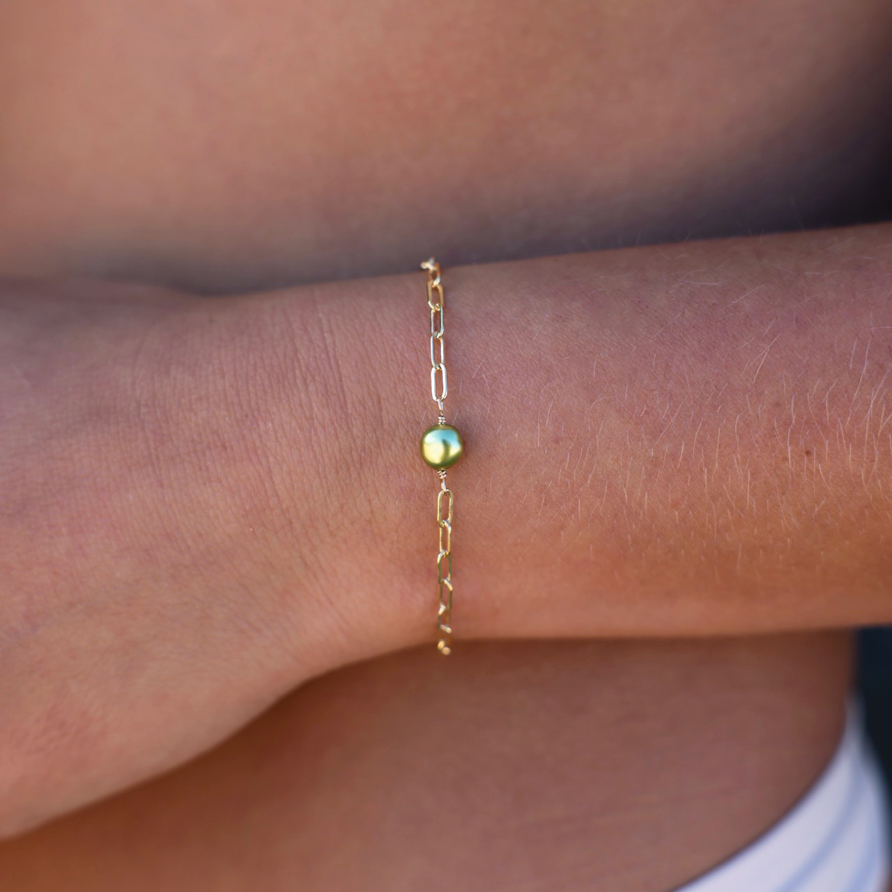 Pistachio Keshi Pearl Paperclip Bracelet