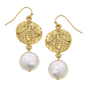 Bee Intaglio + Pearl Drop Earrings