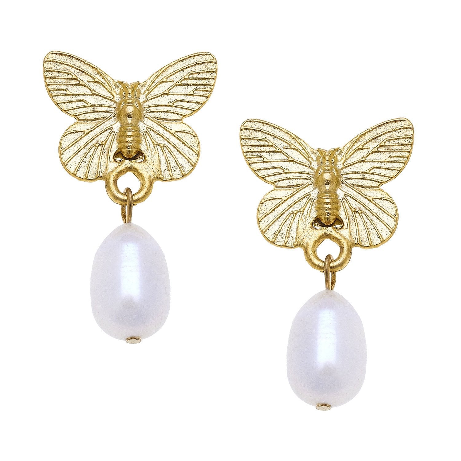 Gold Butterfly + Pearl Drop Earrings