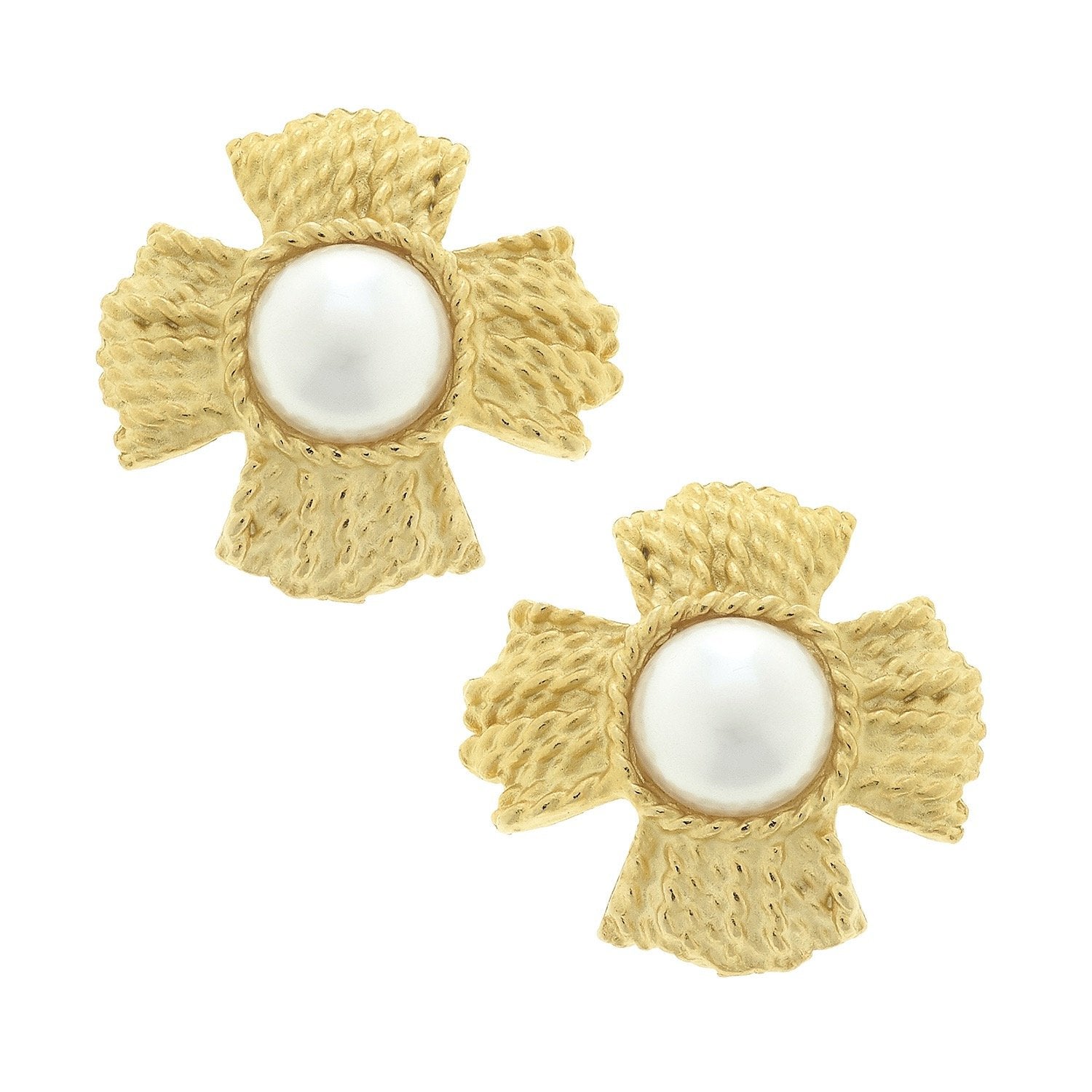 Braided Cross Pearl Studs