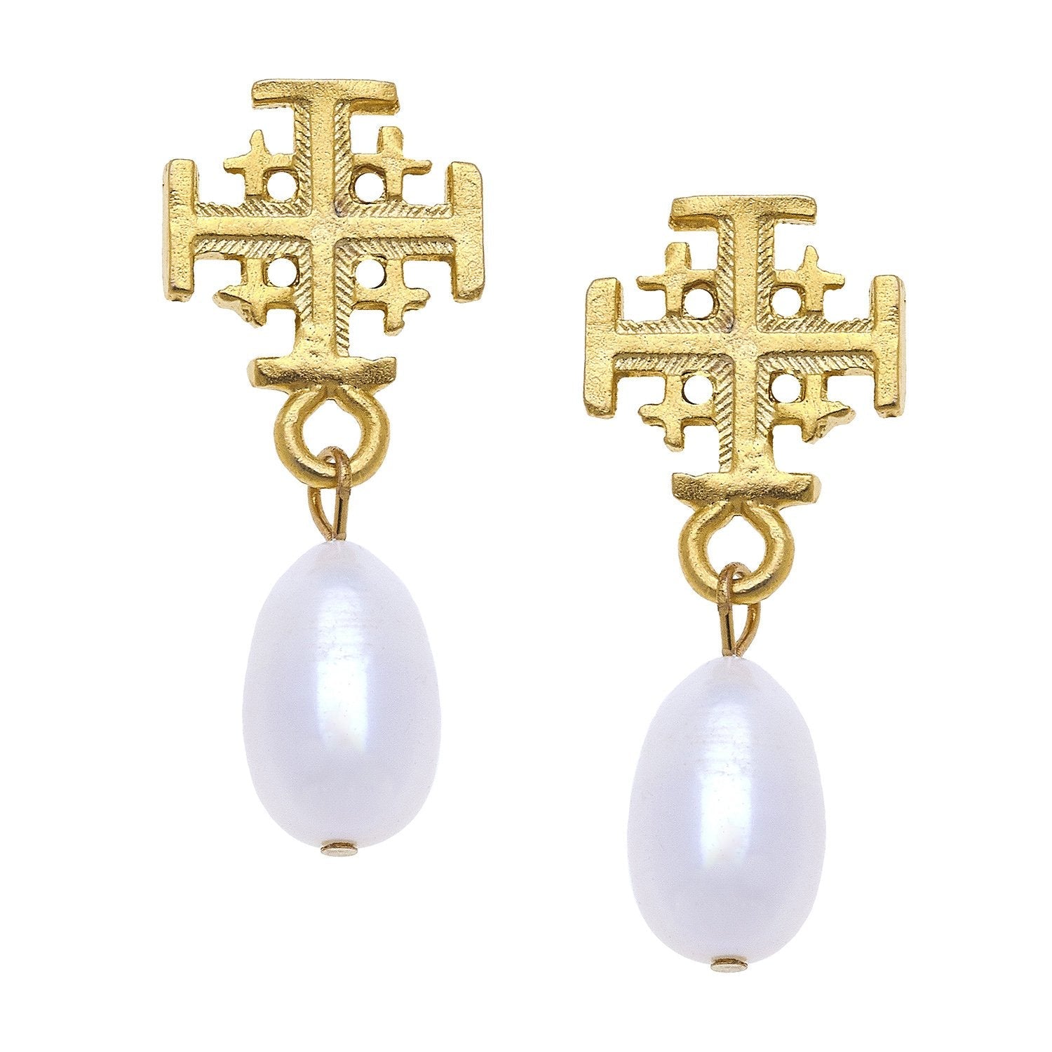 Jerusalem Cross Drop Pearl Earrings