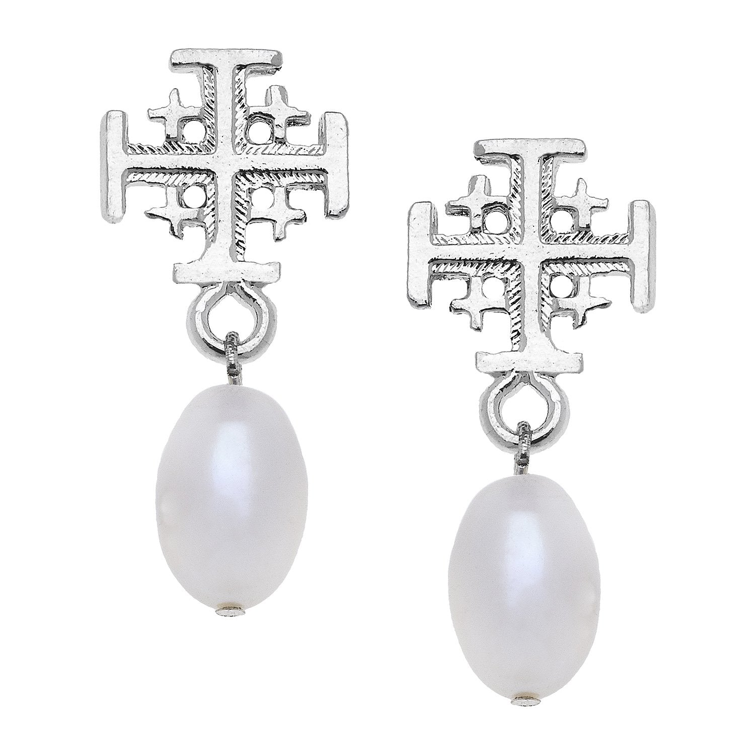 Jerusalem Cross Drop Pearl Earrings