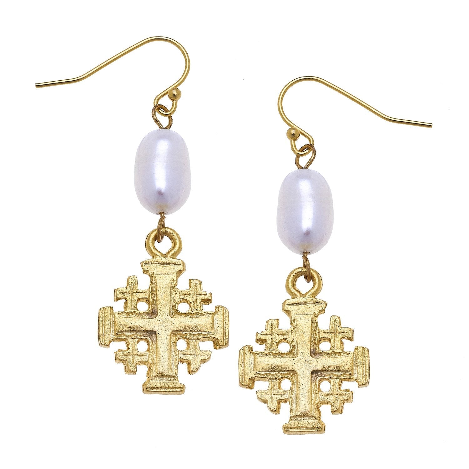 Jerusalem Cross Pearl Drop Earrings