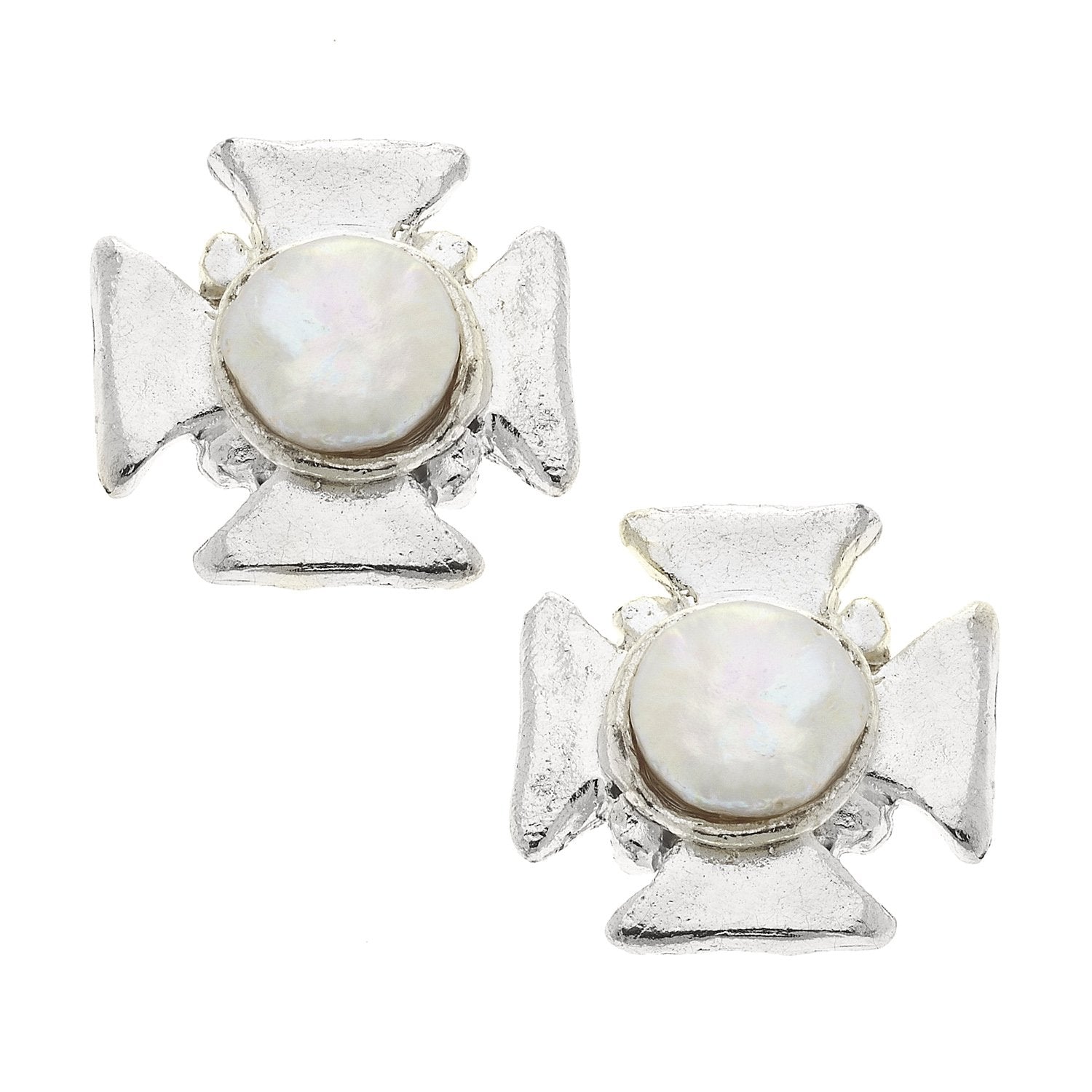 Maltese Cross Pearl Studs