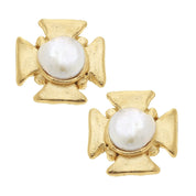 Maltese Cross Pearl Studs