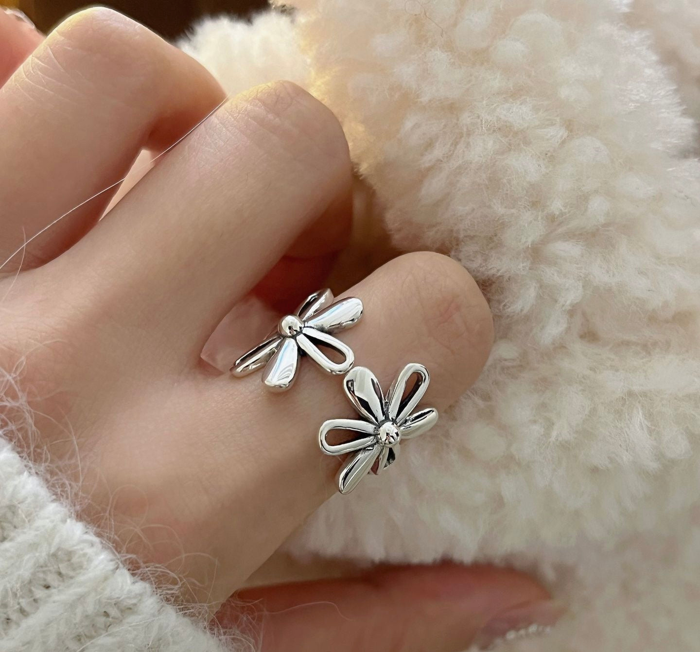 Flower Silver Open Ring