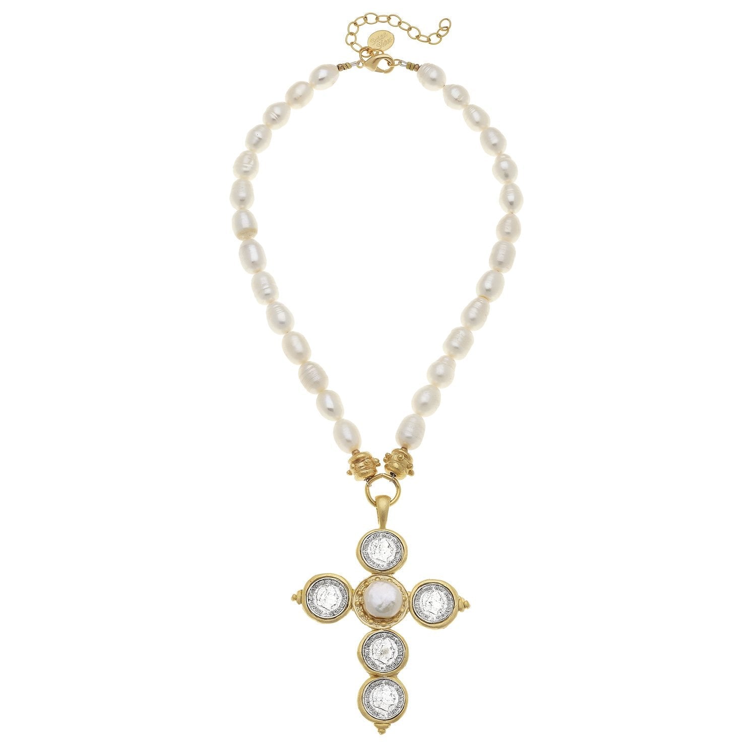 Mixed Metal Coin Cross Pearl Necklace