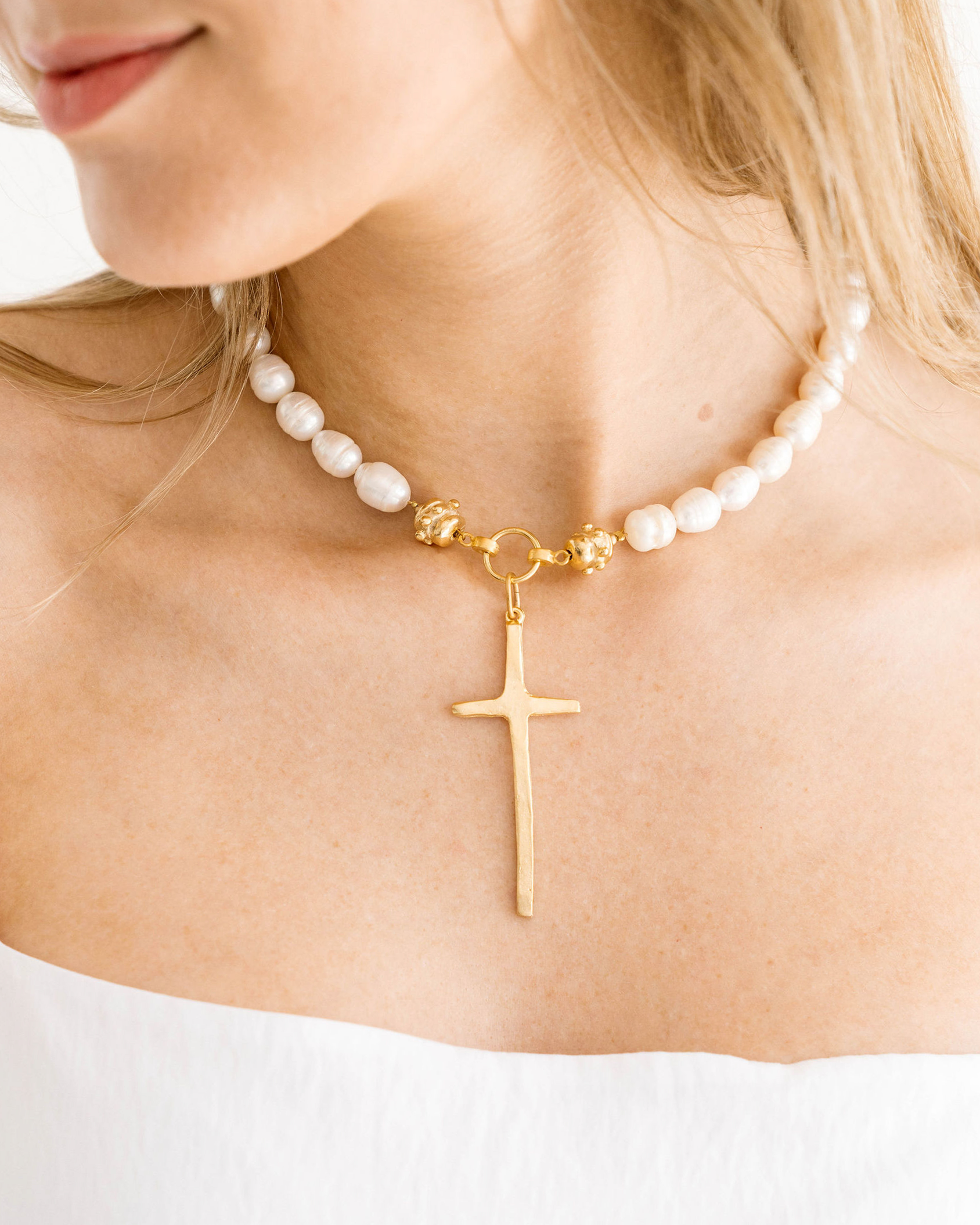 Tall Cross Pearl Necklace