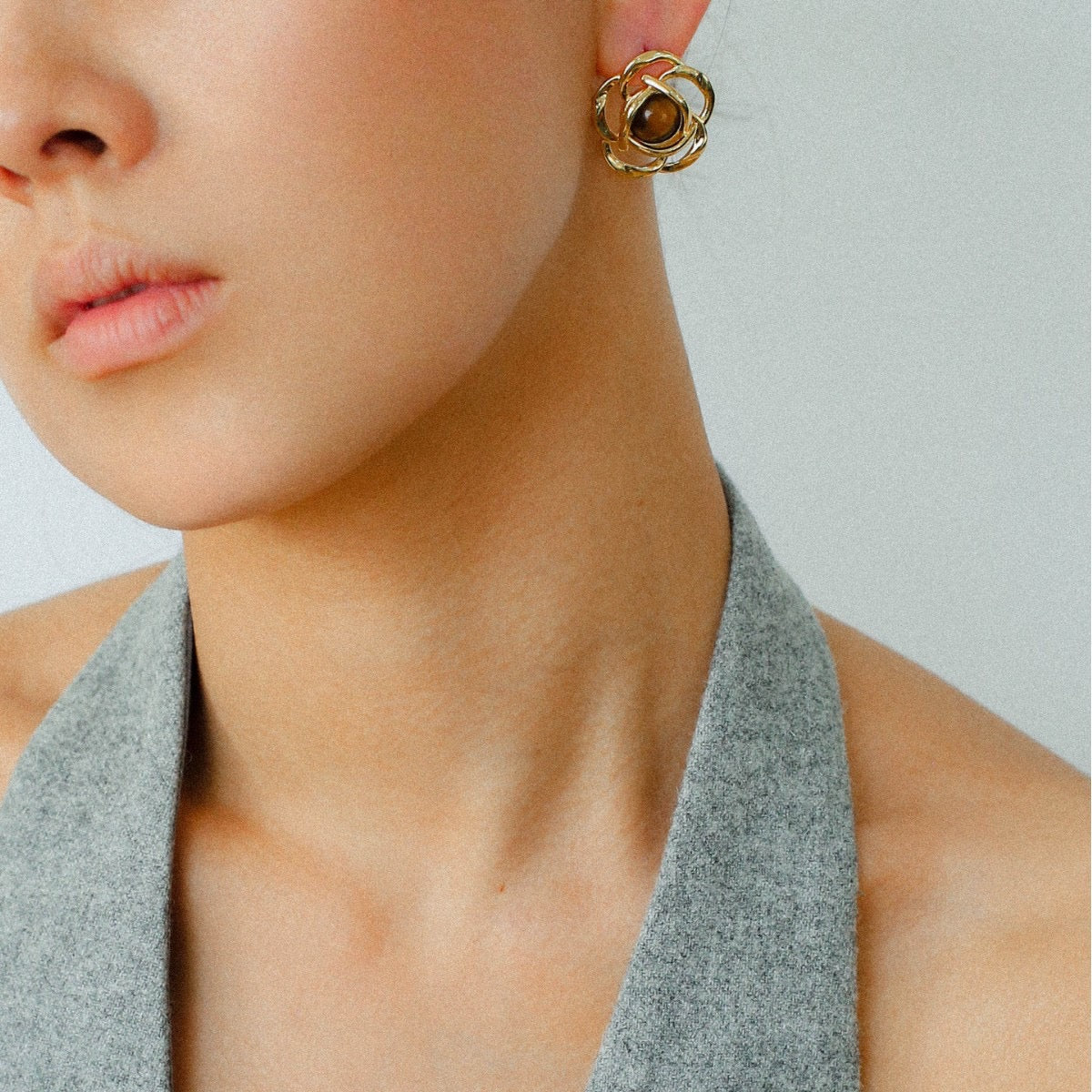 Tiger’s Eye Camellia Geometric Earrings