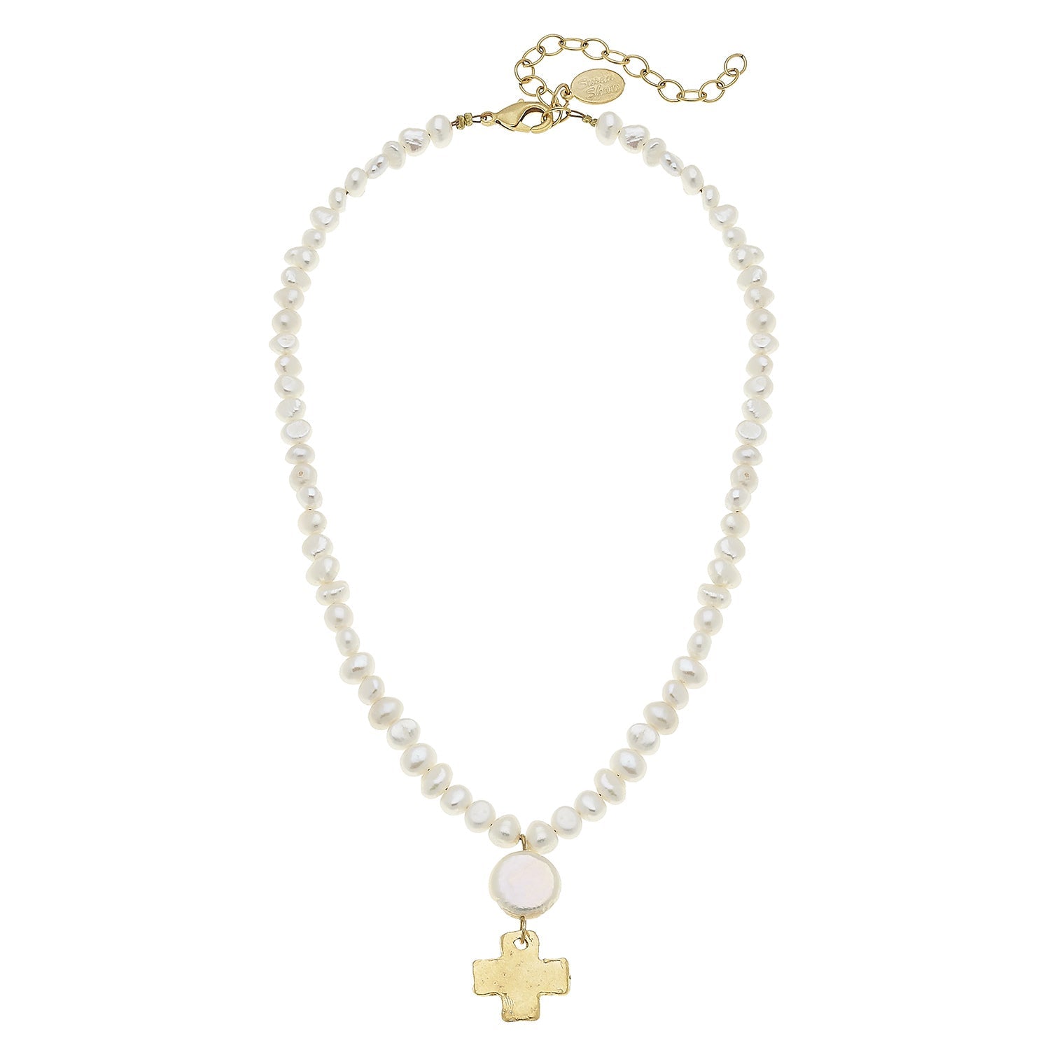 Coin Pearl Gold Cross Drop Necklace