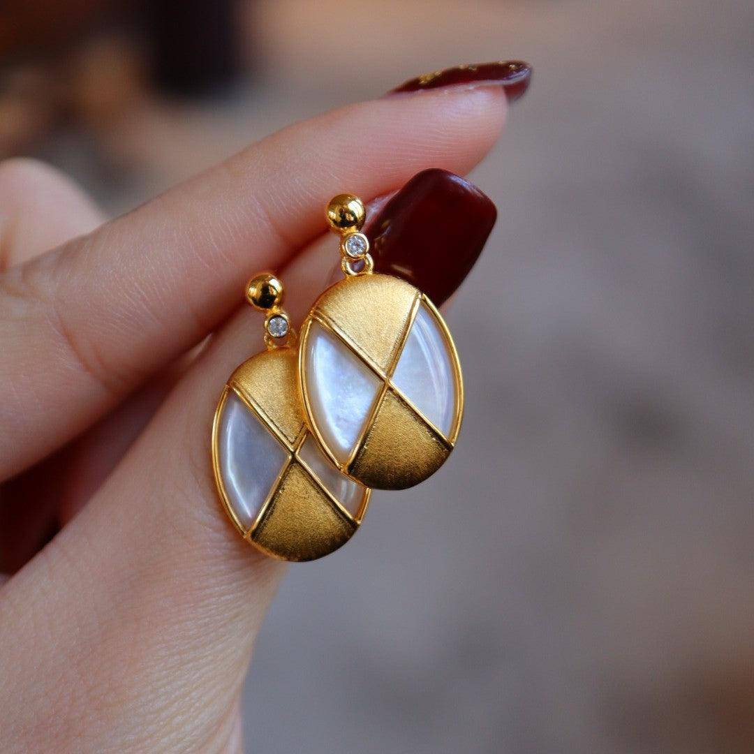 Gold Vermeil Oval White Shell Earrings