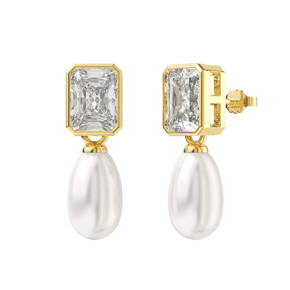 Square Zirconia Teardrop Pearl Earrings