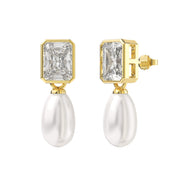 Square Zirconia Teardrop Pearl Earrings