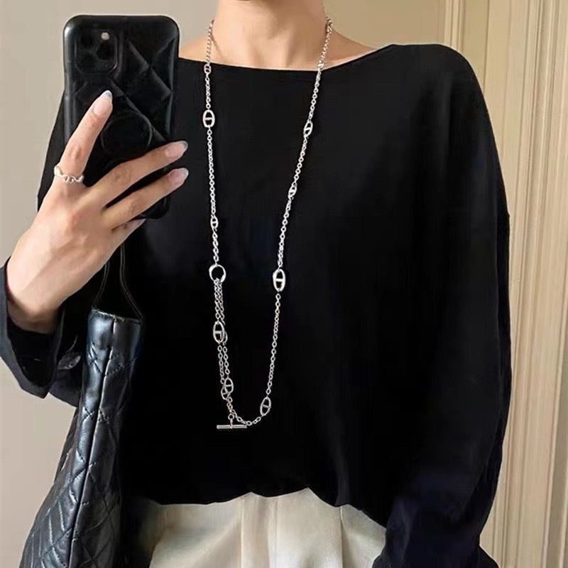 Long Modern Chic Silver Chain Necklace