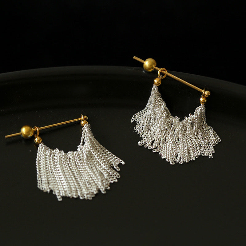 Silver Mini Chain Tassel Long Earrings