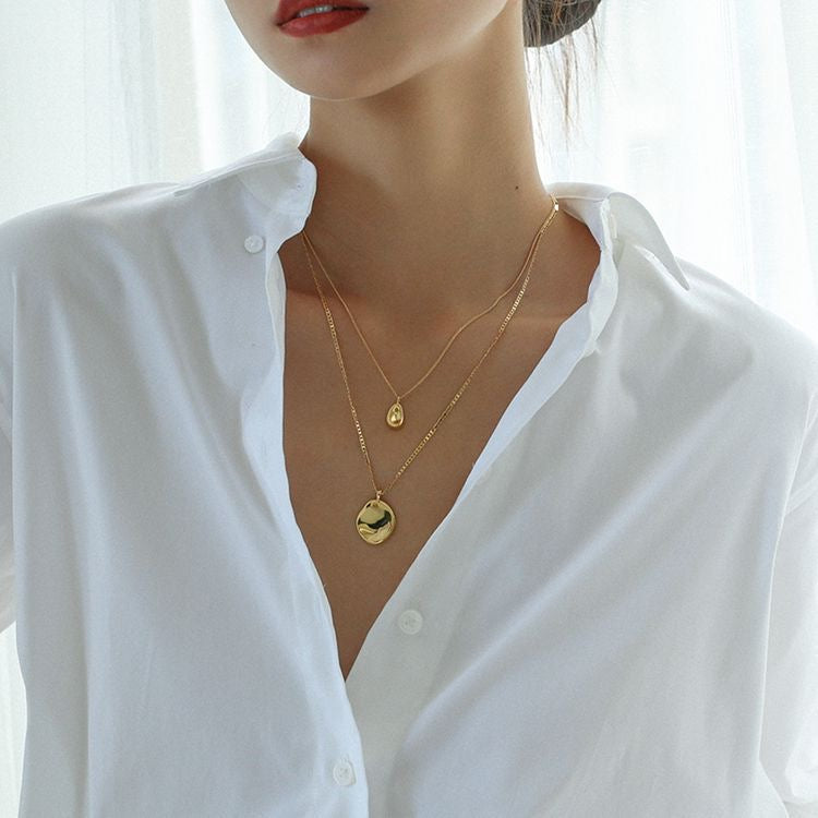 Gold Double Layer Necklace with Minimalist Round Pendant