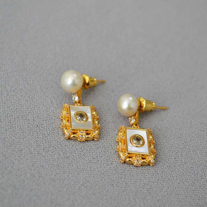 Square Freshwater Pearl & Zirconia Earrings