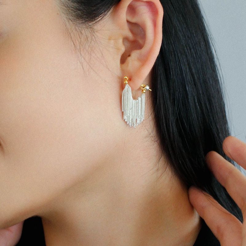 Silver Mini Chain Tassel Long Earrings