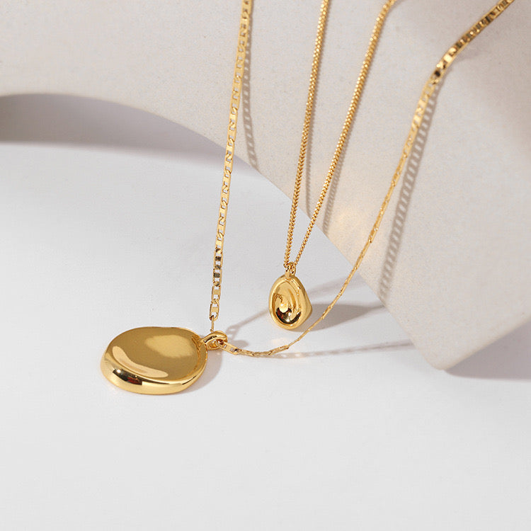 Gold Double Layer Necklace with Minimalist Round Pendant