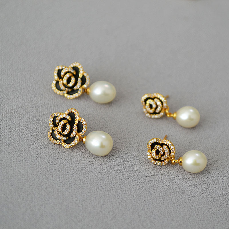 Camellia Zirconia & Pearl Earrings