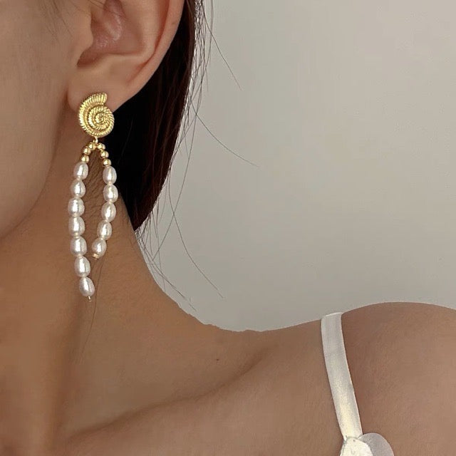 Conch Freshwater Pearl Tassel Earrings