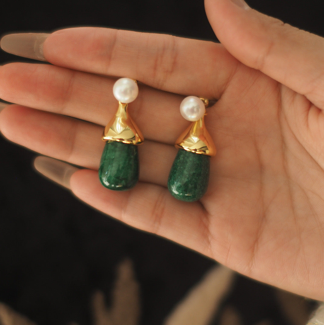 Vintage Pearl & Peacock Green Gemstone Earrings