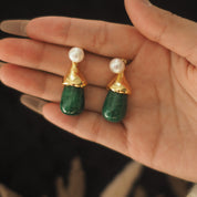 Vintage Pearl & Peacock Green Gemstone Earrings