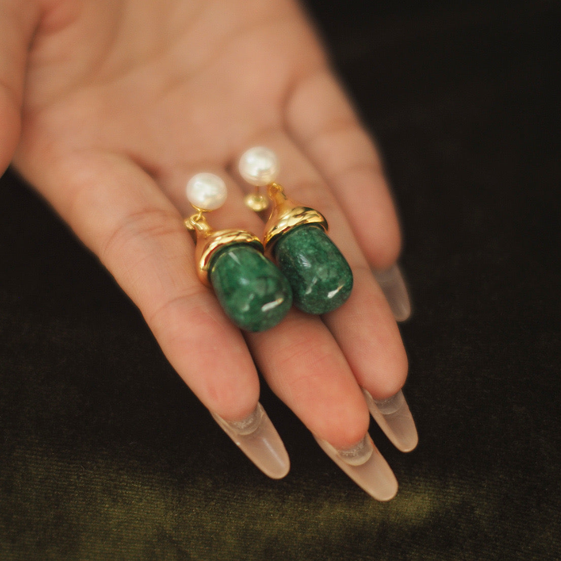 Vintage Pearl & Peacock Green Gemstone Earrings