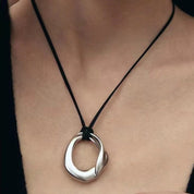 Long Leather Cord Circle Pendant Necklace