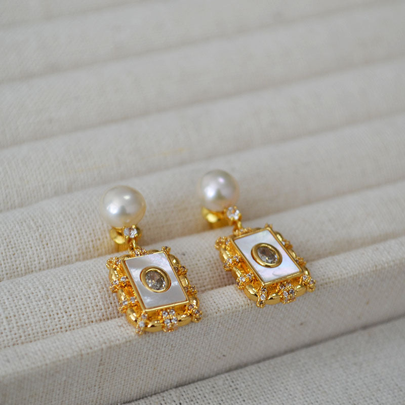 Square Freshwater Pearl & Zirconia Earrings