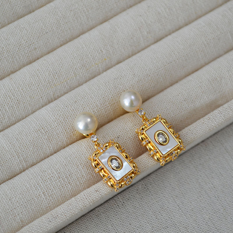 Square Freshwater Pearl & Zirconia Earrings