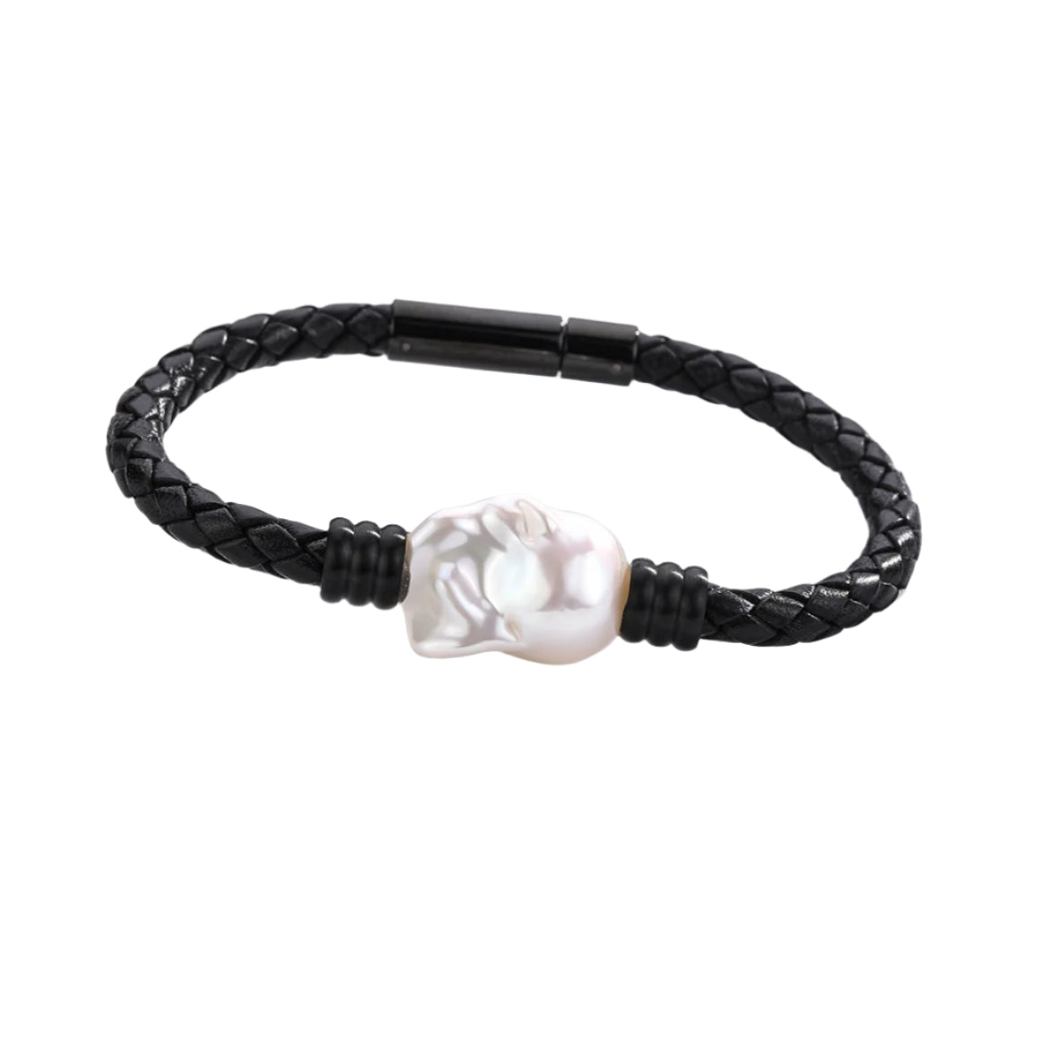 Large Baroque Pearl Leather Bracelet in Stainless Steel