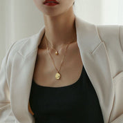 Gold Double Layer Necklace with Minimalist Round Pendant