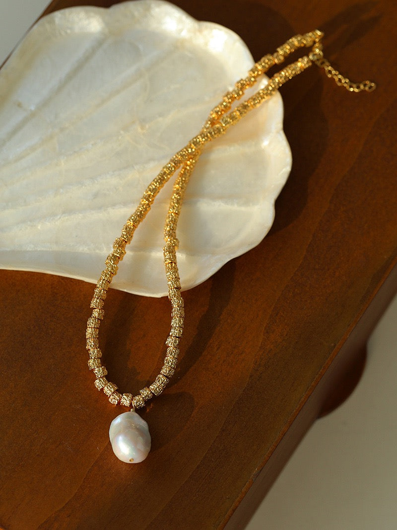 Baroque Pearl & Lava Metal Necklace