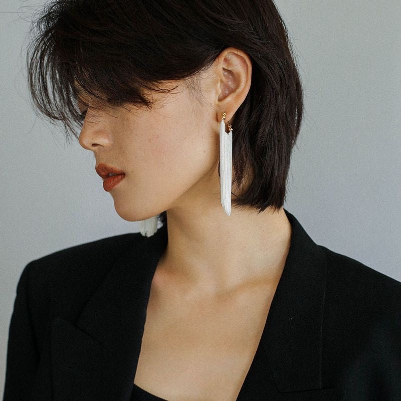 Silver Mini Chain Tassel Long Earrings