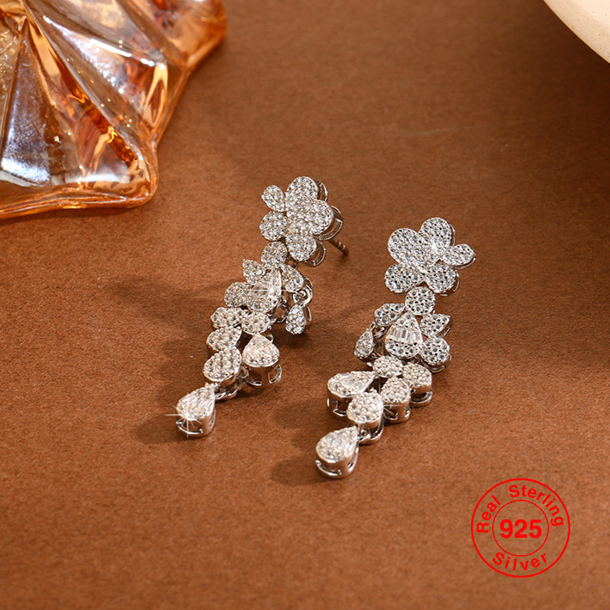 Zirconia Flower Long Tassel Earrings