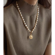 Queen Coin Pendant Baroque Pearl Long Necklace