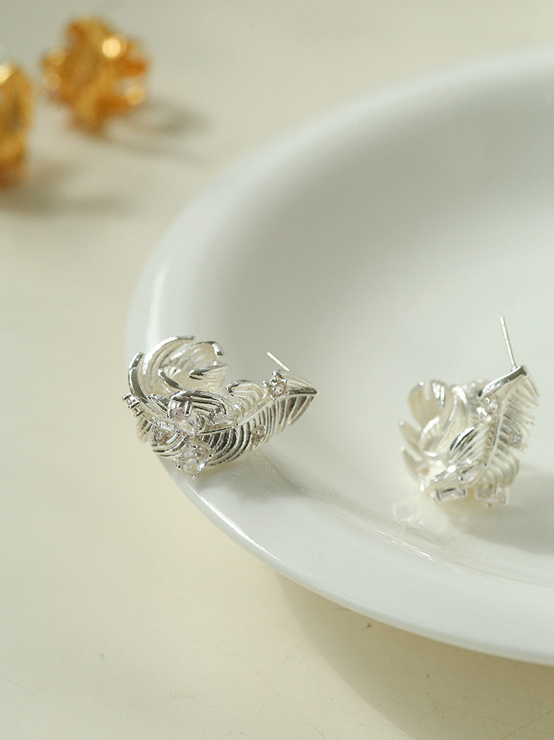 Feather Zirconia Ear Stud Earrings