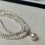 Double Layer Pearl & Geometric Silver Pendant Necklace