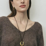 Long Leather Cord Circle Pendant Necklace