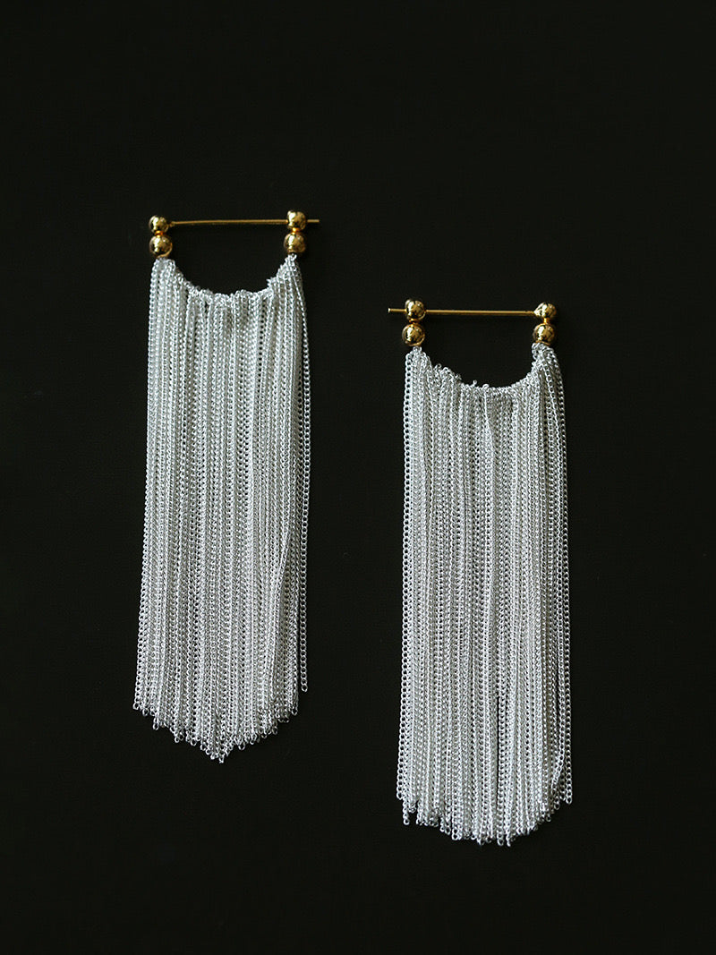 Silver Mini Chain Tassel Long Earrings