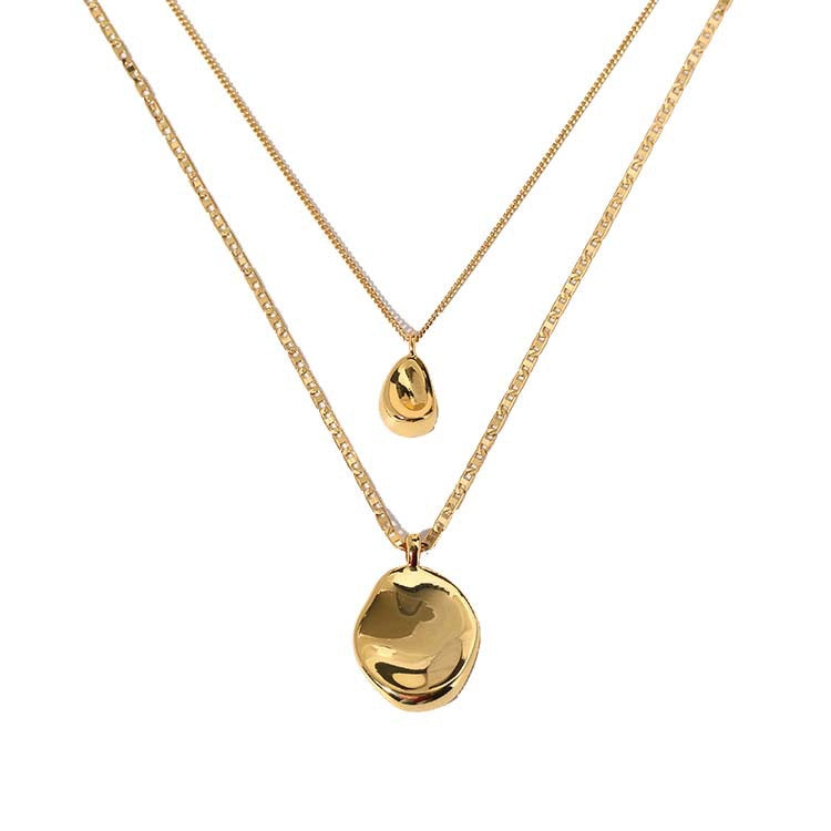 Gold Double Layer Necklace with Minimalist Round Pendant