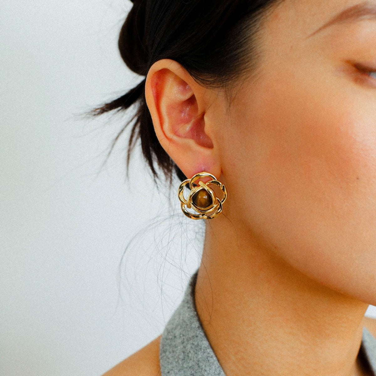 Tiger’s Eye Camellia Geometric Earrings