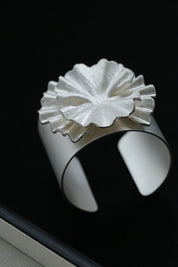 Sliver Geometric Flower Wide Bangle