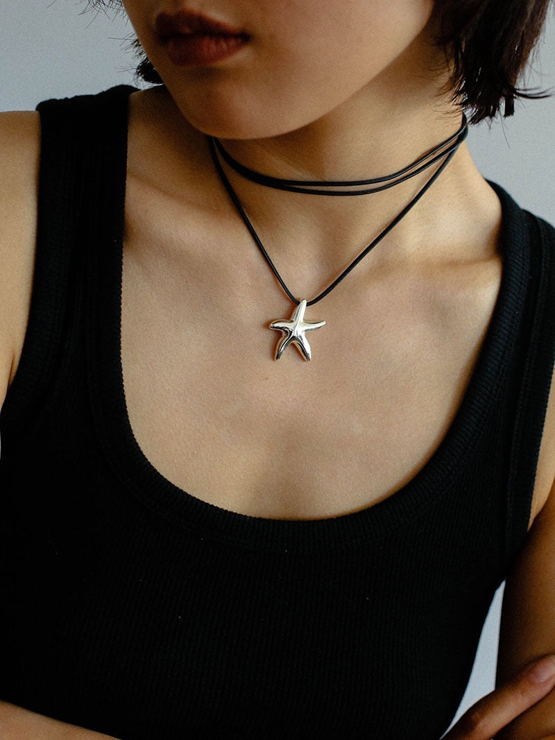 Starfish Pendant Necklace with Leather Cord