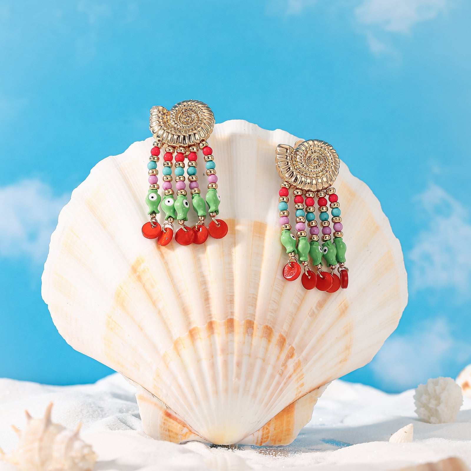 Colorful Conch Clip On Beaded Earrings